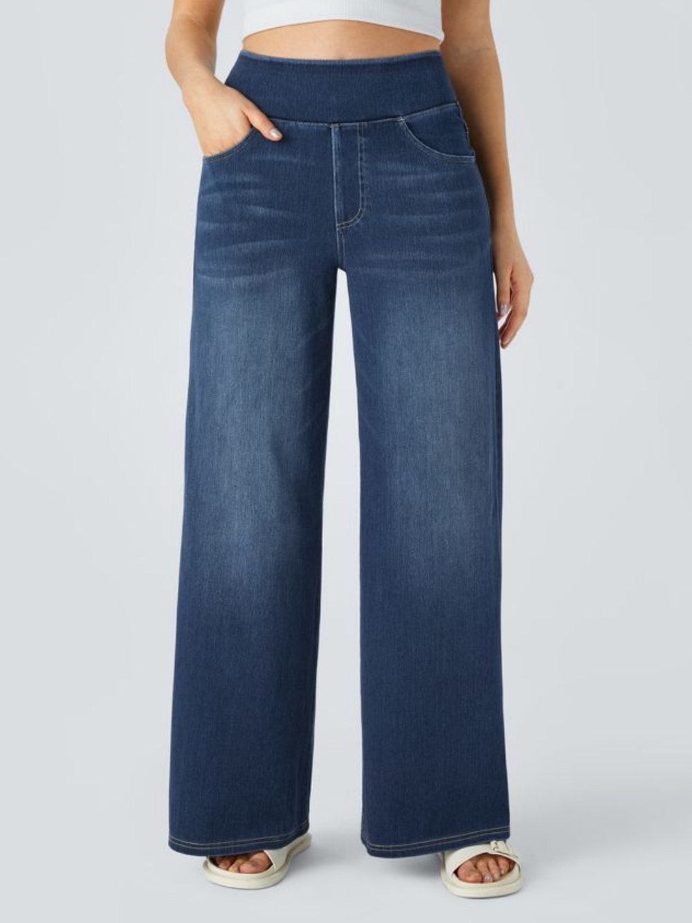 HALARA Dark Blue Wide-Leg Washed Denim Jeans